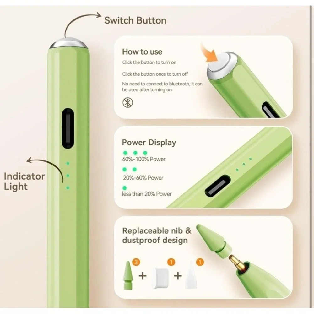 Stylus Pen iPad(2018-2025)-13 Mins Fast Charge‎ Green Tilt Sens Palm Rejection